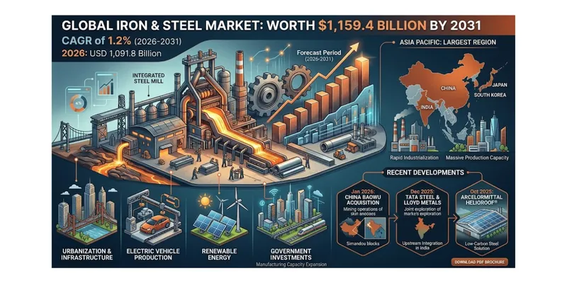 Global Iron & Steel Market Projected to Reach USD 1,159.4 Billion by 2031, Asia Pacific to Remain Largest Regional Market